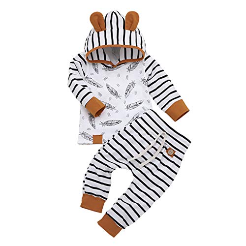 BBSMILN Ropa Bebe Niña Niño Otoño Invierno 0 a 3 6 12 18 24 Meses de Recién Nacido - Pluma Sudadera con Capucha de Manga Larga + Pantalones a Rayas - 2PC / Conjuntos