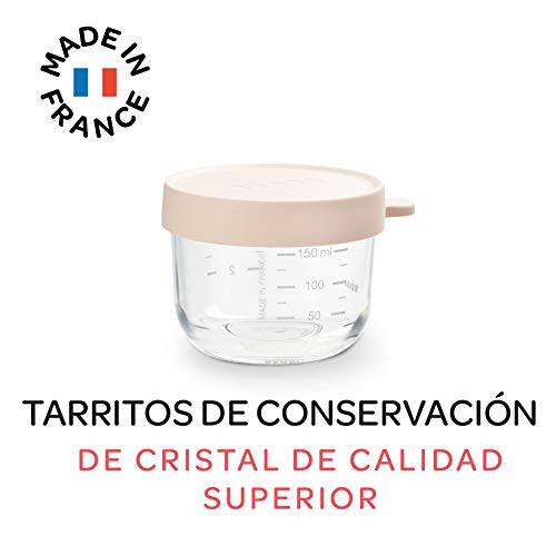 Béaba Bote de conservación de vidrio para comida de bebé con indicador de cantidad, Resistente al calor y a las diferencias térmicas, Para Bebés y Niños, Hecho en Francia, 150 ml, Rosa