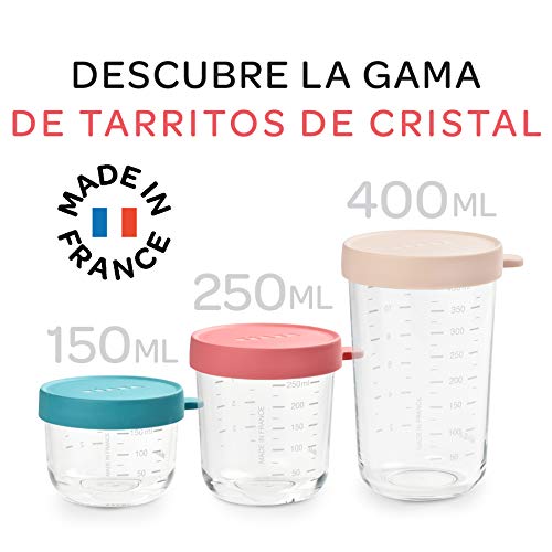 Béaba Bote de conservación de vidrio para comida de bebé con indicador de cantidad, Resistente al calor y a las diferencias térmicas, Para Bebés y Niños, Hecho en Francia, 150 ml, Rosa