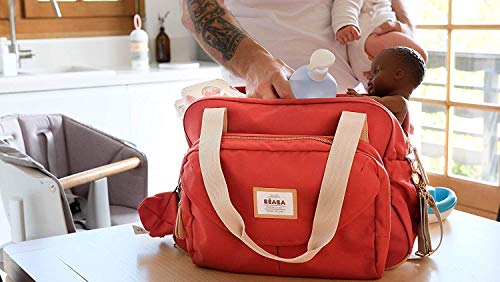 BÉABA Genève II - Bolso Cambiador, Modulable, Múltiples Compartimentos, Estuche Delantero Extraíble, Colchón Cambiador, Bolsa de Comida Isotérmica, Sistema de Enganche para Cochecitos - Naraja