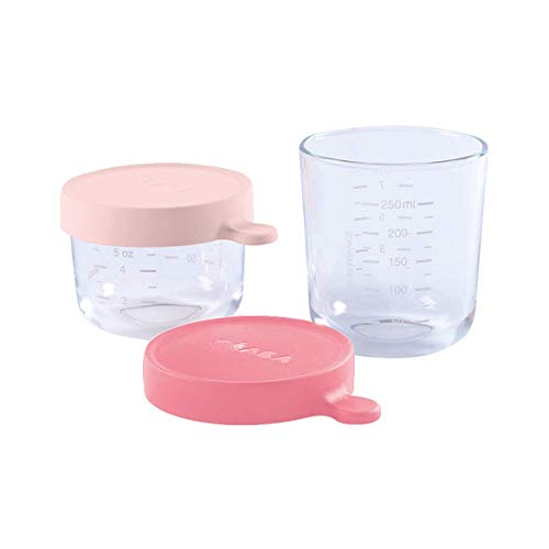 Béaba Set de 2 botes de conservación de vidrio para comida de bebé, Indicador de cantidad, resistente al calor y a las diferencias térmicas, Para bebés y niños, Hecho en Francia, 150 + 250 ml, Rosa