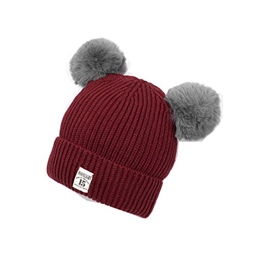 bebé niños niñas Bobble Gorro de Punto Pelota de Peluche Orejas niños Invierno cálido Doble pompón Cap Beige