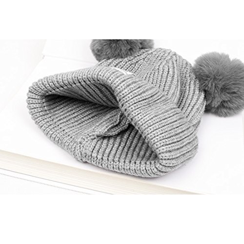 bebé niños niñas Bobble Gorro de Punto Pelota de Peluche Orejas niños Invierno cálido Doble pompón Cap Beige