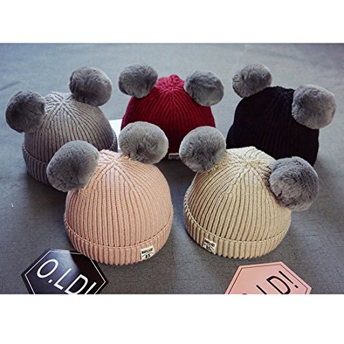 bebé niños niñas Bobble Gorro de Punto Pelota de Peluche Orejas niños Invierno cálido Doble pompón Cap Beige