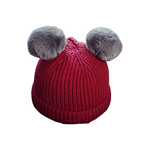 bebé niños niñas Bobble Gorro de Punto Pelota de Peluche Orejas niños Invierno cálido Doble pompón Cap Beige