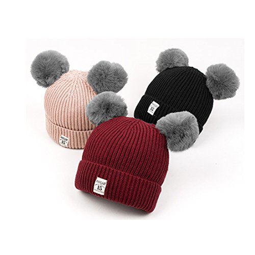 bebé niños niñas Bobble Gorro de Punto Pelota de Peluche Orejas niños Invierno cálido Doble pompón Cap Beige