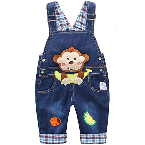 Bebé Niños Niñas Peto Vaquero Overalls Mono Largo Pantalón Elegante Azul con Patrón Animal - 100