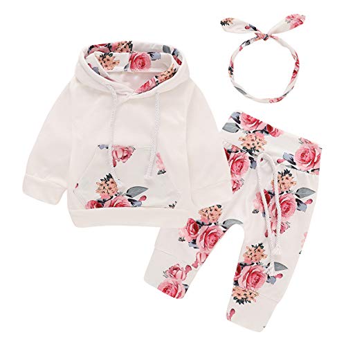 Bebé recién Nacido de Manga Larga con Capucha Floral Sudadera Tops + Pantalones Ropa Trajes (12-18 Meses, Blanco)