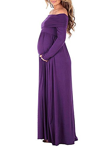 BEDAMAM Premamá Vestido de Manga Larga Maxi Falda Plisada con Encaje Flores para Mujer Casual Maternidad Vestido Fotografía Sexy Vestido de Embarazo Morado M