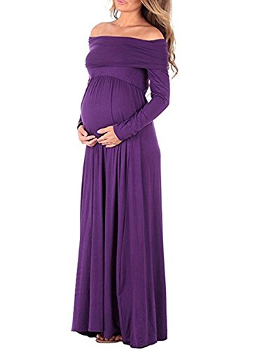 BEDAMAM Premamá Vestido de Manga Larga Maxi Falda Plisada con Encaje Flores para Mujer Casual Maternidad Vestido Fotografía Sexy Vestido de Embarazo Morado M