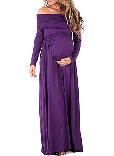 BEDAMAM Premamá Vestido de Manga Larga Maxi Falda Plisada con Encaje Flores para Mujer Casual Maternidad Vestido Fotografía Sexy Vestido de Embarazo Morado M