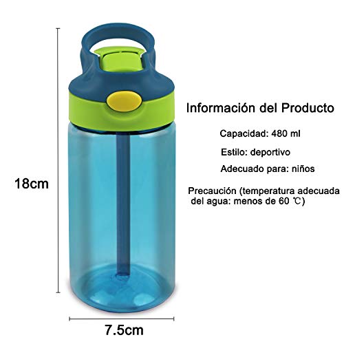 Bioasis Botella de Agua para niños de 480 ml, botella para niños a partir de 36 meses, sin BPA, Tazas para niños aisladas de derrames con Pajita para Viajes Escolares