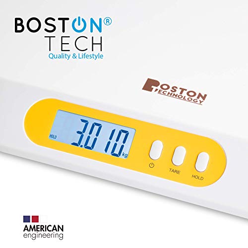 Boston Tech BA-104 - Bascula para bebés y Mascotas. Balanza digital con pantalla LCD y tallimetro con Función Tara, Ideal para calcular el peso de su bebe con capacidad de hasta 20Kg (44lb)