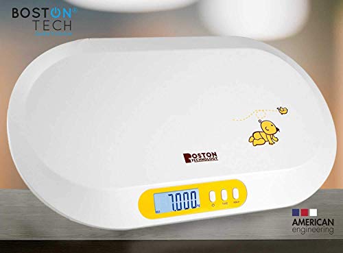 Boston Tech BA-104 - Bascula para bebés y Mascotas. Balanza digital con pantalla LCD y tallimetro con Función Tara, Ideal para calcular el peso de su bebe con capacidad de hasta 20Kg (44lb)