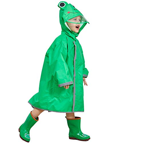 Bwiv Poncho Lluvia Niños Impermeable Niñas Capa de Lluvia con Capucha con Seguridad Advertencia Reflectantes para Escuela Viaje Verde Talla S