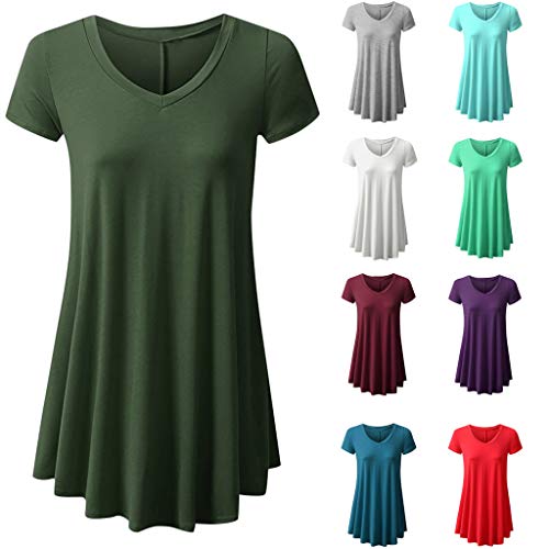 Camisa Casual Mujer Camiseta Mujer Manga Corta Blusa Vestido Túnico Suelto con Cuello en V de Algodón Fluido Shirt Deporte Mujer Fitness Sólidas Yvelands(Azul 2,XXL)