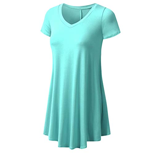 Camisa Casual Mujer Camiseta Mujer Manga Corta Blusa Vestido Túnico Suelto con Cuello en V de Algodón Fluido Shirt Deporte Mujer Fitness Sólidas Yvelands(Azul 2,XXL)