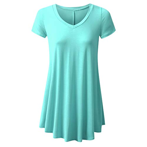 Camisa Casual Mujer Camiseta Mujer Manga Corta Blusa Vestido Túnico Suelto con Cuello en V de Algodón Fluido Shirt Deporte Mujer Fitness Sólidas Yvelands(Azul 2,XXL)