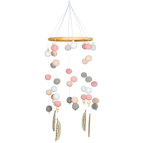 Campanilla de Cama para Bebé, Comius Pelota de Fieltro Móvil para Cuna de Bebé, Tienda Móvil de Carillones de Viento de Madera Colgante Decoración del Hogar (Pink)