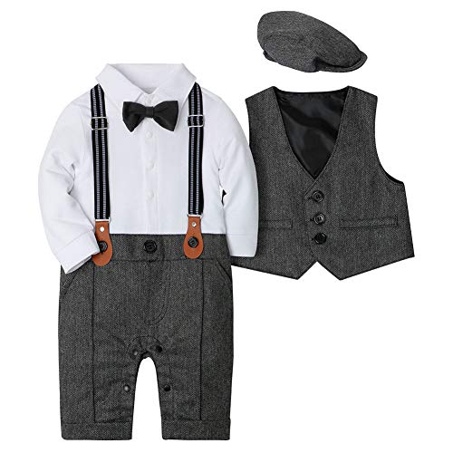 CARETOO Mameluco, chaleco, gorro, corbata y traje de bautizo (3 piezas) para bebé-niños 6-12 meses (altura 80 cm) Gris