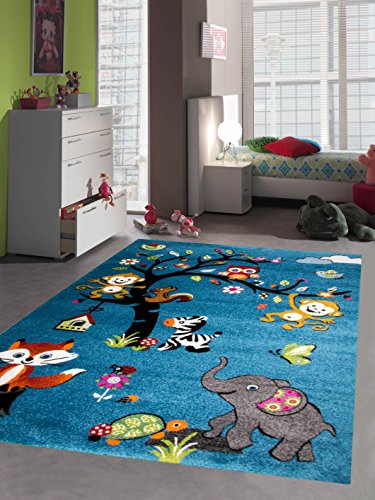 CARPETIA Alfombra los niños Alfombra de Juego zoológico Animales Elefante Zorro Tortuga Mono Ardilla Cebra búho Turquesa Größe 120x170 cm