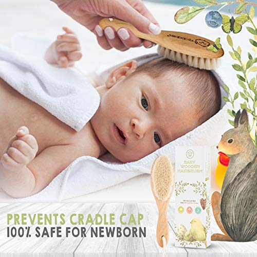 Cepillo de pelo para bebé recién nacido - Madera natural con cerdas suaves de cabra para la costra láctea - Kit de cuidado de cepillo de pelo para el cuero cabelludo perfecto para bebés, niños pequeño