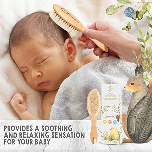 Cepillo de pelo para bebé recién nacido - Madera natural con cerdas suaves de cabra para la costra láctea - Kit de cuidado de cepillo de pelo para el cuero cabelludo perfecto para bebés, niños pequeño