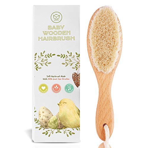 Cepillo de pelo para bebé recién nacido - Madera natural con cerdas suaves de cabra para la costra láctea - Kit de cuidado de cepillo de pelo para el cuero cabelludo perfecto para bebés, niños pequeño