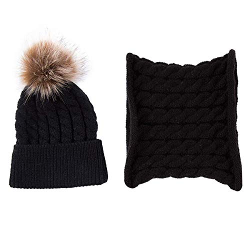 CheChury Conjunto de Bufanda y Gorro de Punto Unisex Niños Niñas Invierno cálido Punto Beanie Gorros con Pompon Bufanda de Punto Cuello Redondo Bebé