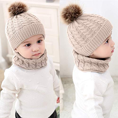 CheChury Conjunto de Bufanda y Gorro de Punto Unisex Niños Niñas Invierno cálido Punto Beanie Gorros con Pompon Bufanda de Punto Cuello Redondo Bebé