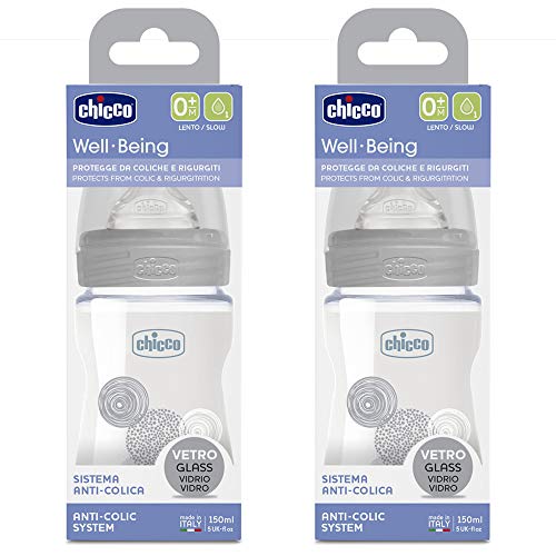 Chicco - Juego de 2 biberones de cristal para bebés, 150 ml, con ventosa de silicona Perfect-5, 0 m + a partir del nacimiento, unisex, fabricado en Italia