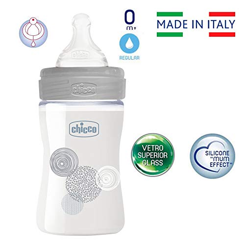 Chicco - Juego de 2 biberones de cristal para bebés, 150 ml, con ventosa de silicona Perfect-5, 0 m + a partir del nacimiento, unisex, fabricado en Italia