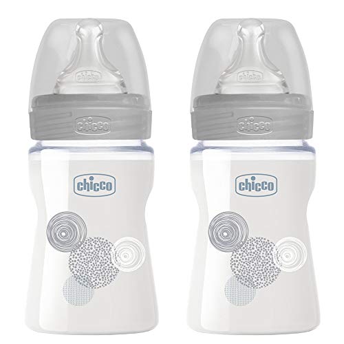 Chicco - Juego de 2 biberones de cristal para bebés, 150 ml, con ventosa de silicona Perfect-5, 0 m + a partir del nacimiento, unisex, fabricado en Italia