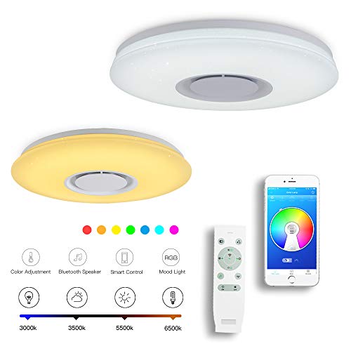 CHYSONGOODS 48W 50cm/19.7Inch redonda Plafón lampara led techo colores brillo iluminación de techo de interior con altavoz bluetooth y mando a distancia para habitación,cocina,sala