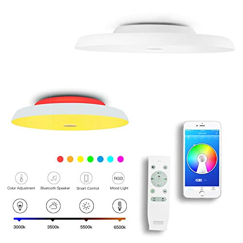 CHYSONGOODS （Versión mejorada）48W 50cm/19.7Inch redonda Plafón lampara led techo colores brillo iluminación de techo de interior con altavoz bluetooth y mando a distancia para habitación,cocina,sala