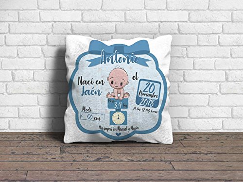 Cojín Bebe Recien Nacido Niño Azul con Nombre 100% Personalizado 30 x 30 cm