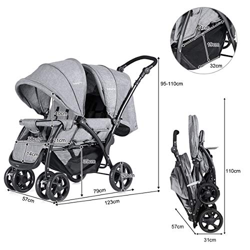 COSTWAY Carrito gemelar Silla de Paseo Sillita Doble Cochecito Hermanos para Bebé Niño Plegable con Rueda Giratoria