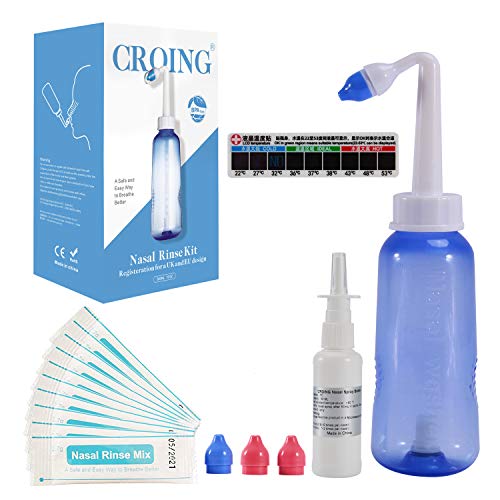 CROING - 40 x Sal + 1 x Etiqueta de Termómetro + 1 x Botella de Lavado Nasal (300 ml) + 1 x Botella de Spray Nasal (50ml) - Neti Pot, Irrigación Nasal