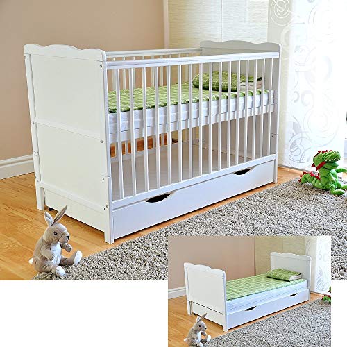 Cuna con cajón y tapa para cuna, con colchón de espuma de aloe vera, rieles dentados, altura regulable, color blanco, convertible en cama infantil