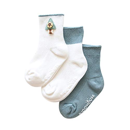 DEBAIJIA 3 Pares de Bebés Antideslizante Calcetines de Algodón Calcetines Elásticos para Niños Niñas 0-12 meses Calcetines Cálidos y Confortables para Primavera Verano - Verde Oscuro - S