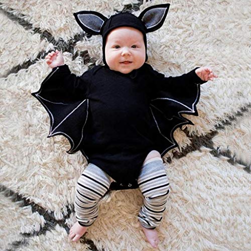 Disfraz Halloween Niña Niño Bebe Fossen Recién Nacido Bebé Monos de Manga murciélago Tops con Sombrero de Oreja (12 Meses, Negro)