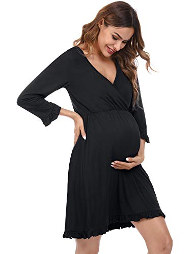 Doaraha Camisón de Maternidad para Mujer Vestido Lactancia Pijama Premamá Embarazadas Camisónes Volantes Ropa de Dormir Cuello en V Manga 3/4 (Negro, Large)