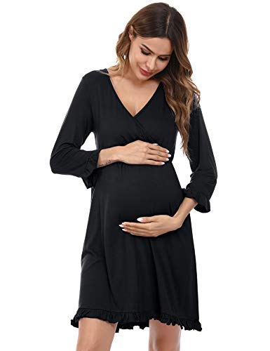 Doaraha Camisón de Maternidad para Mujer Vestido Lactancia Pijama Premamá Embarazadas Camisónes Volantes Ropa de Dormir Cuello en V Manga 3/4 (Negro, Large)