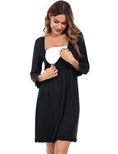 Doaraha Camisón de Maternidad para Mujer Vestido Lactancia Pijama Premamá Embarazadas Camisónes Volantes Ropa de Dormir Cuello en V Manga 3/4 (Negro, Large)