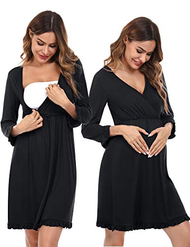 Doaraha Camisón de Maternidad para Mujer Vestido Lactancia Pijama Premamá Embarazadas Camisónes Volantes Ropa de Dormir Cuello en V Manga 3/4 (Negro, Large)