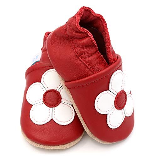 Dotty Fish Zapatos de Cuero Suave para bebés. Antideslizante. Flor roja y Blanca. 12-18 Meses (21 EU)