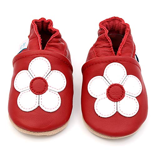 Dotty Fish Zapatos de Cuero Suave para bebés. Antideslizante. Flor roja y Blanca. 12-18 Meses (21 EU)