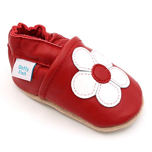 Dotty Fish Zapatos de Cuero Suave para bebés. Antideslizante. Flor roja y Blanca. 12-18 Meses (21 EU)