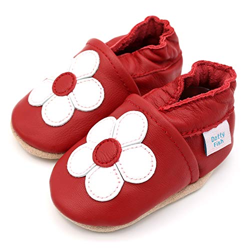 Dotty Fish Zapatos de Cuero Suave para bebés. Antideslizante. Flor roja y Blanca. 12-18 Meses (21 EU)