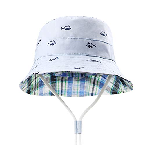 DRESHOW - Gorro para bebé para protegerlo del sol, unisex, con correa para la barbilla, UPF 50+ Azul Pescado Azul Claro Talla única